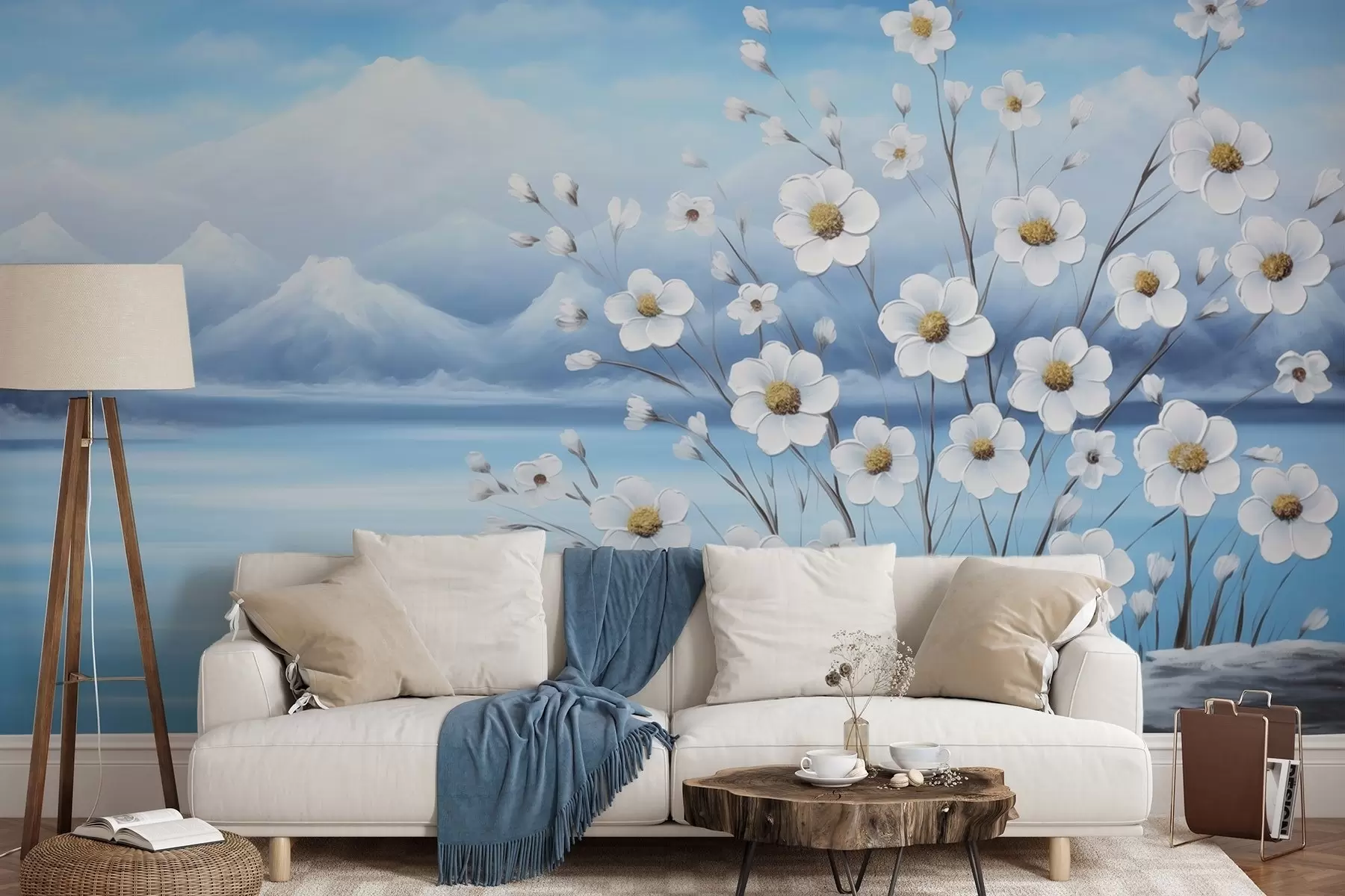 murales de pared Flores blancas primaverales junto a un lago helado con montañas nevadas, pintadas al óleo. w09526
