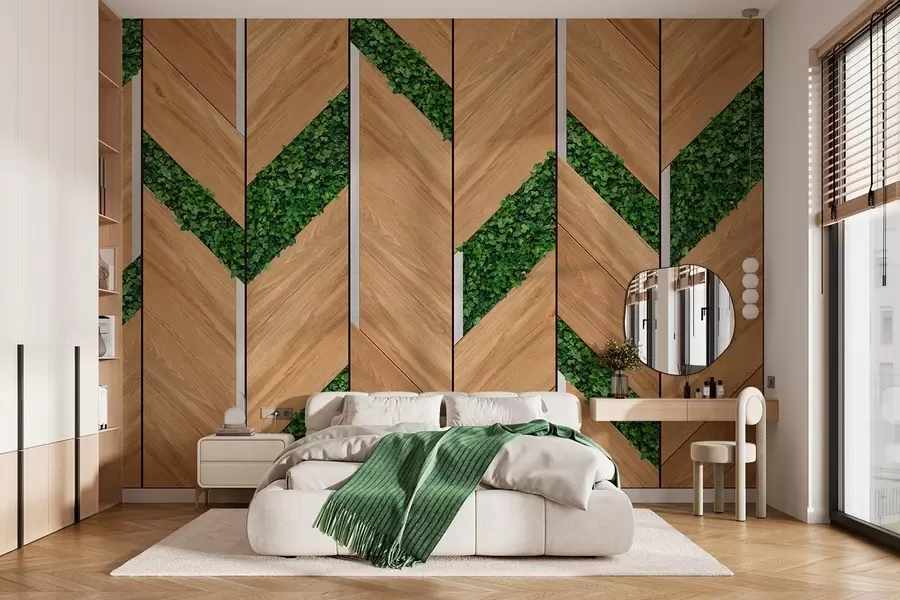 murales de pared imitación de paneles de madera clara con inserciones vegetales w04875
