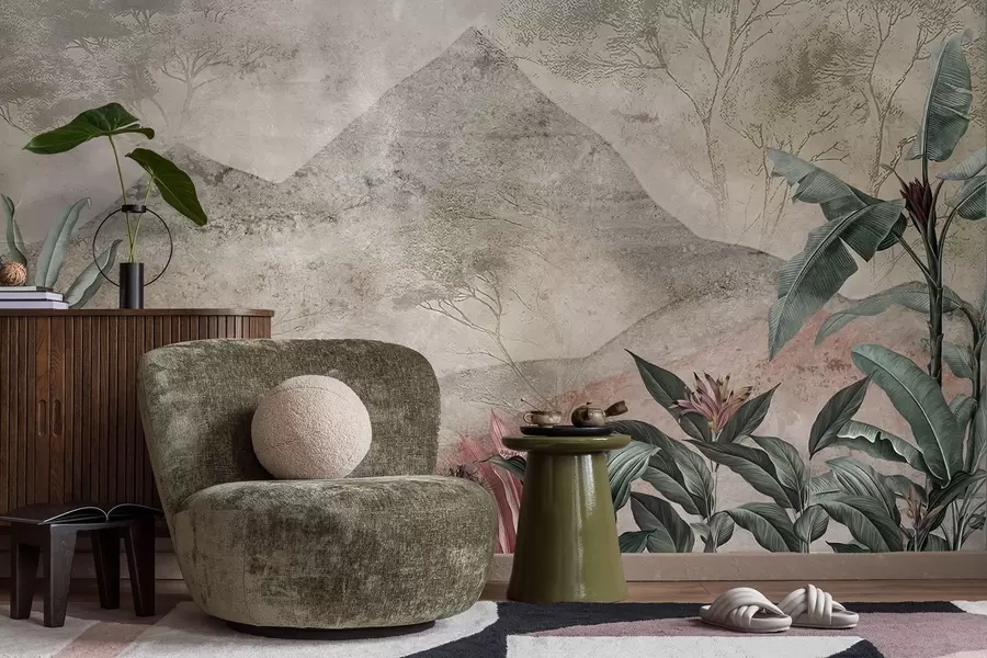 murales de pared Hojas de plátano en tonos pastel y flores tropicales con las montañas como telón de fondo w04933