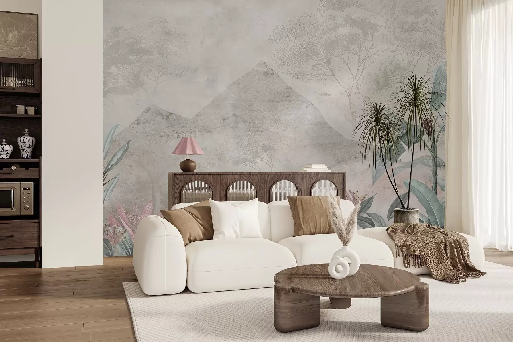murales de pared Hojas de plátano en tonos pastel y flores tropicales con las montañas como telón de fondo w04933