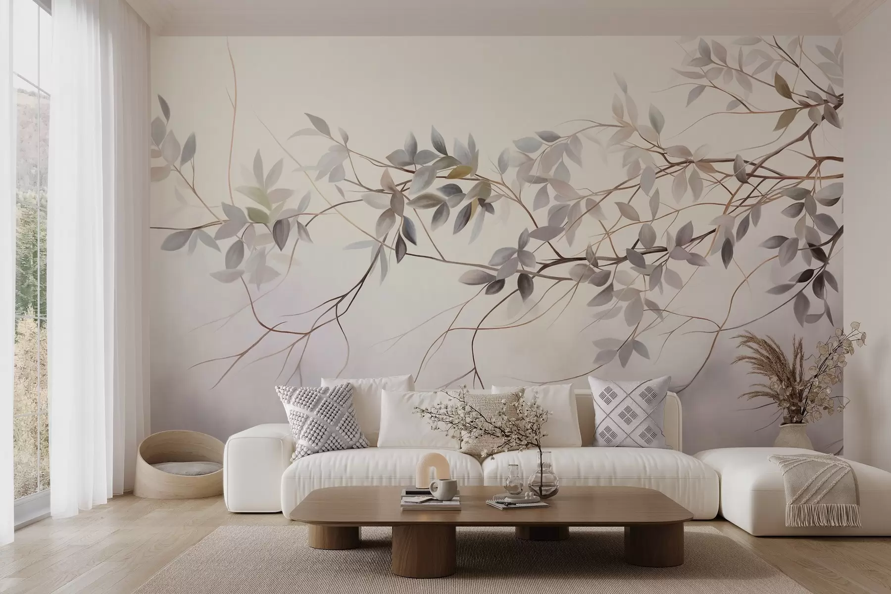 murales de pared Ramas de textura delicada con hojas en tonos grises, morados y verdes apagados sobre un fondo suave y difuminado w09336