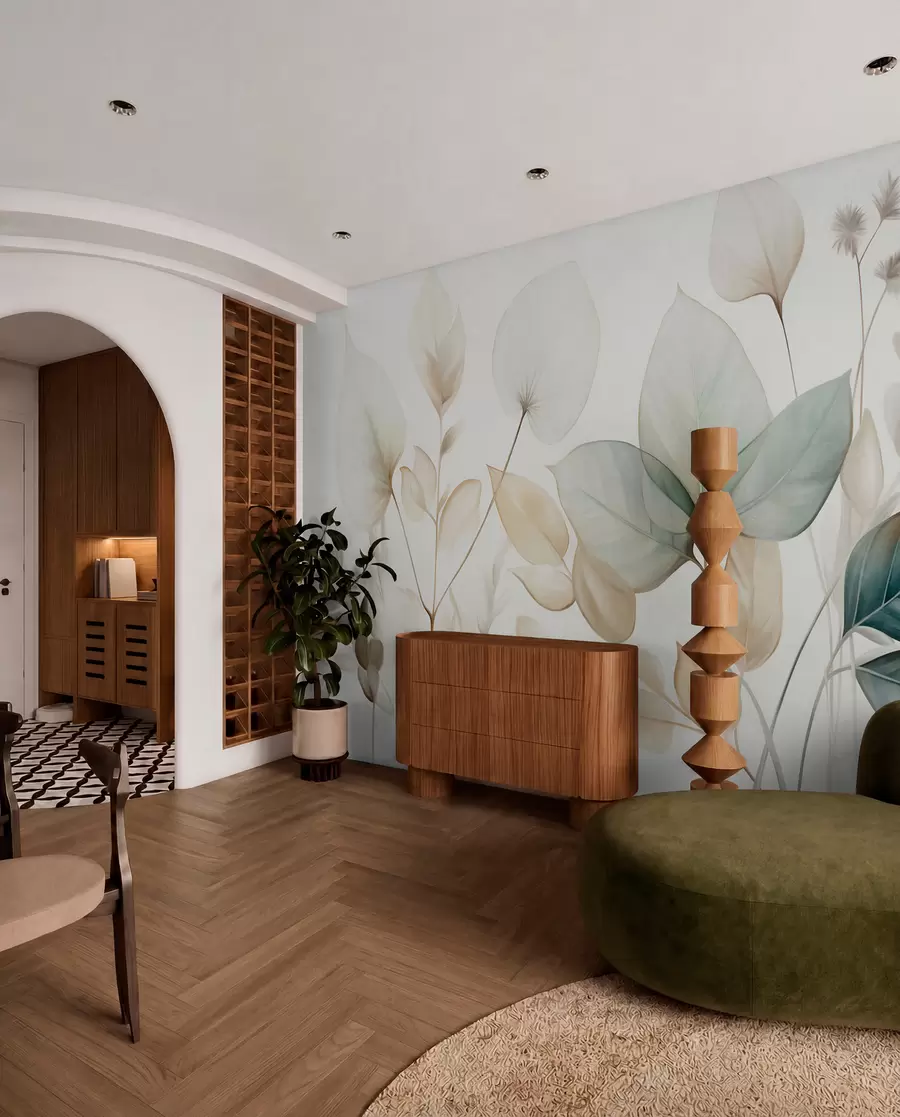 murales de pared Hojas translúcidas con textura en tonos apagados de beige y verde azulado, con tallos delicados sobre un fondo suave y claro w09583