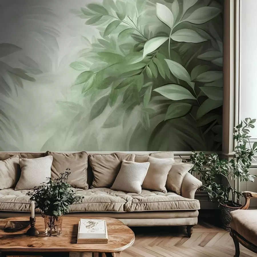 murales de pared Hojas verdes y grises con un follaje de textura suave y difuminada, en un estilo pictórico con pinceladas visibles w09584v1