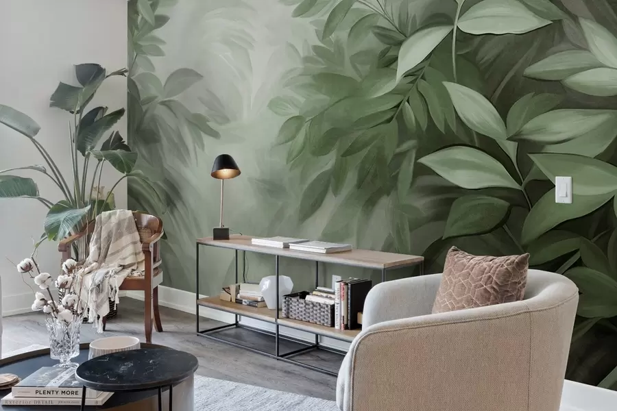 murales de pared Hojas verdes y grises con un follaje de textura suave y difuminada, en un estilo pictórico con pinceladas visibles w09584v1