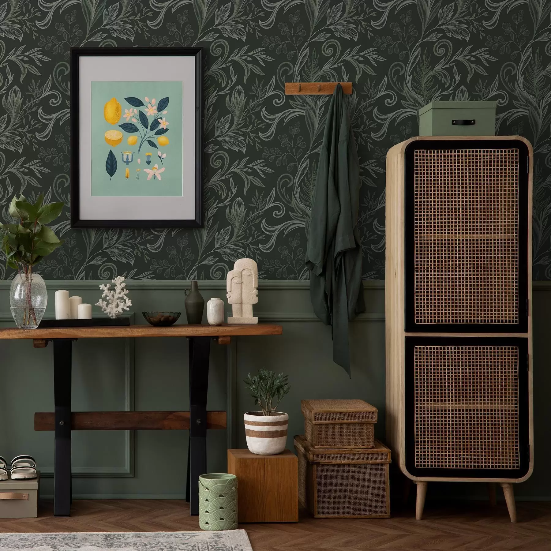 murales de pared Hojas rizadas de bosque profundo en tonos verdes calcáreos a00935v2