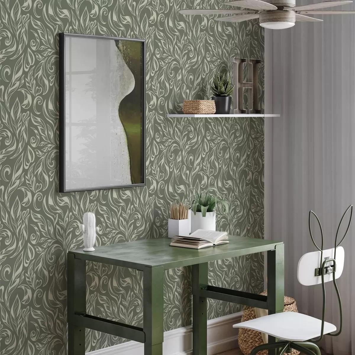 Papel pintado Adorno de hojas color crema sobre fondo gris verdoso. a00940v2