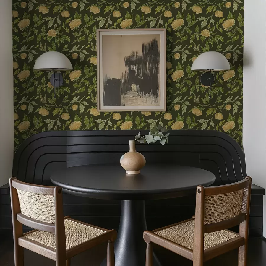 murales de pared Peonías amarillas sobre un fondo verde oscuro intenso. a00942v1