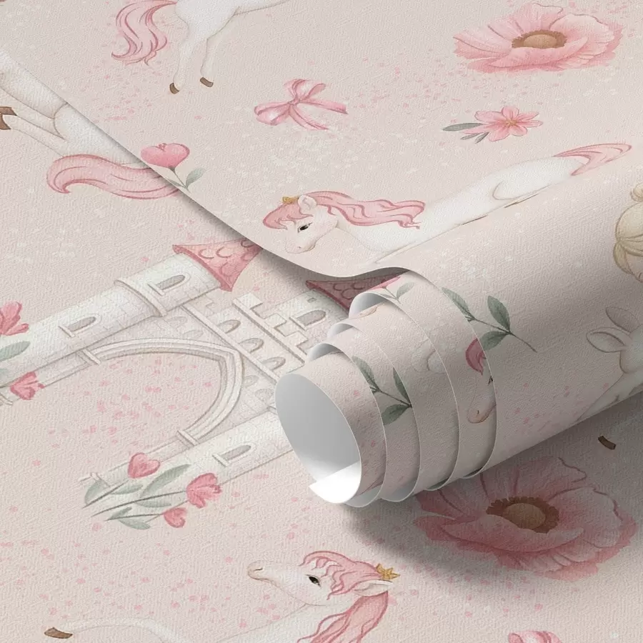 murales de pared Unicornios rosas, niñas pequeñas y un castillo sobre un fondo suave a00957