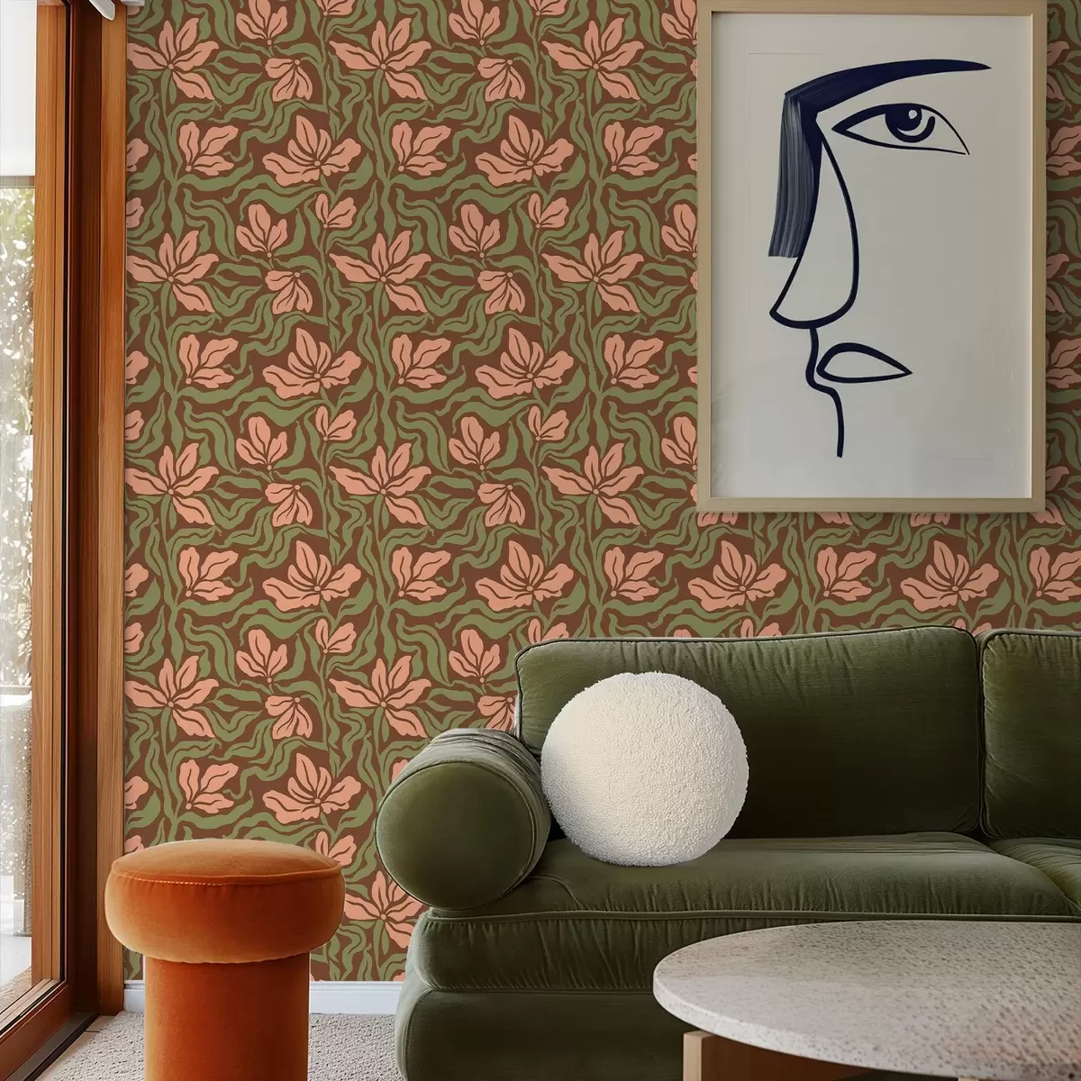 Papel pintado Flores de melocotonero y vegetación sobre un fondo marrón oscuro. a00958v2