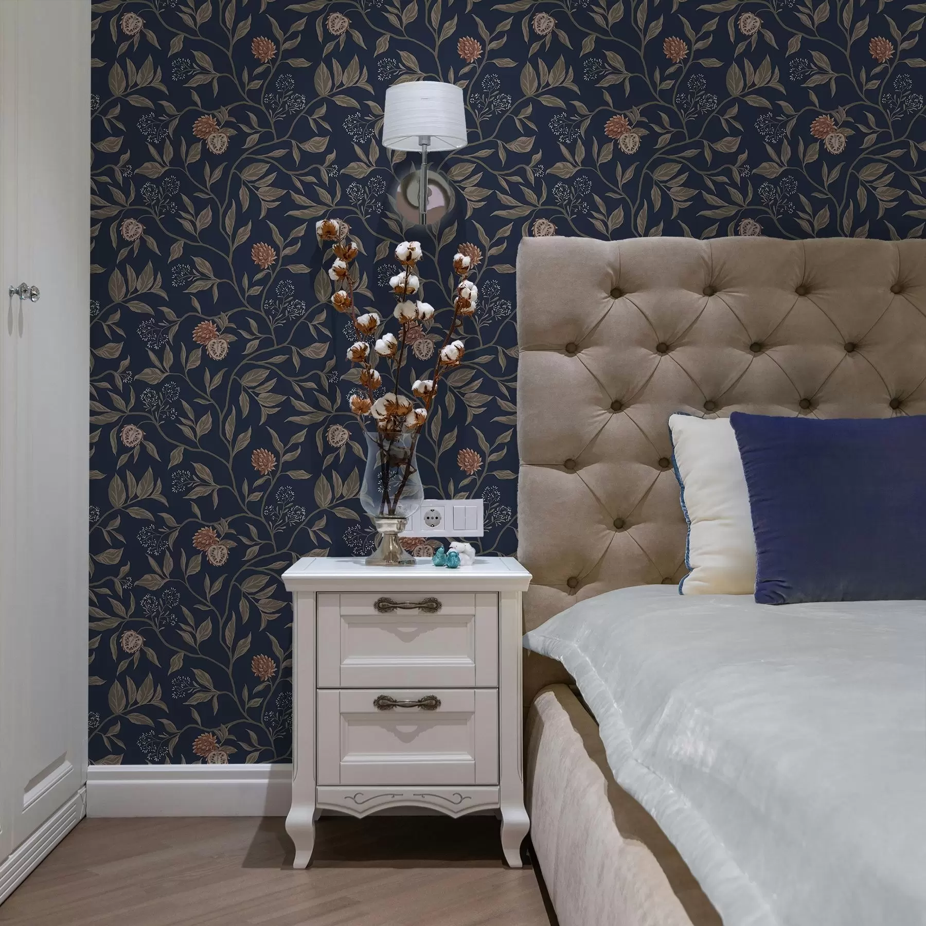 murales de pared Jardín azul con ramas, frutos y pequeñas flores a00959