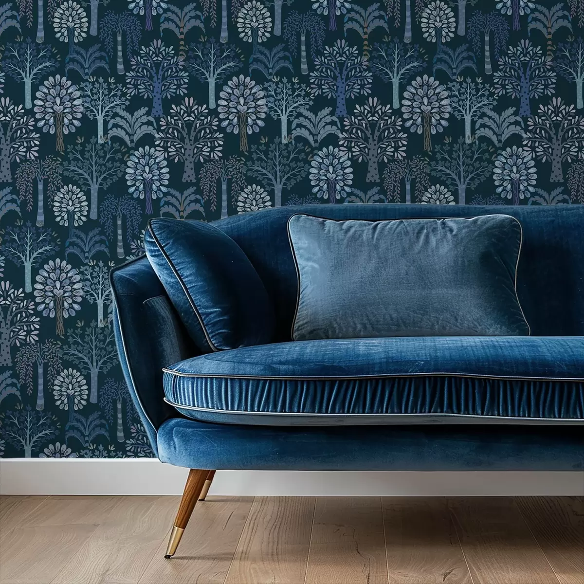Papel pintado Bosque nocturno con árboles decorativos en tonos azules a00960v2