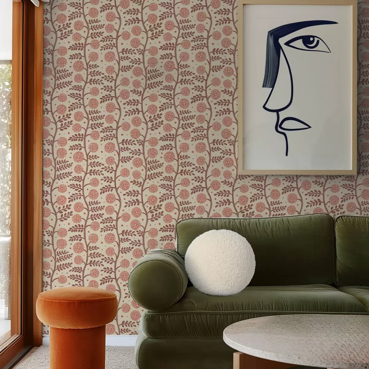 Papel pintado Tallos de terracota con flores coralinas y esponjosas sobre fondo crema. a00997v1