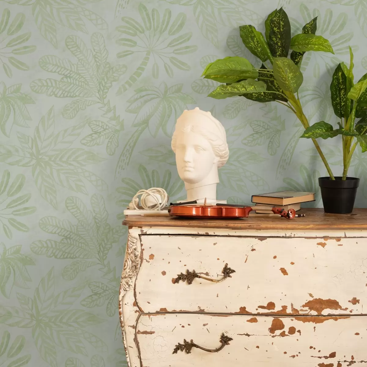 Papel pintado Hojas tropicales esbozadas en tonos verde claro frescos. a01001v1