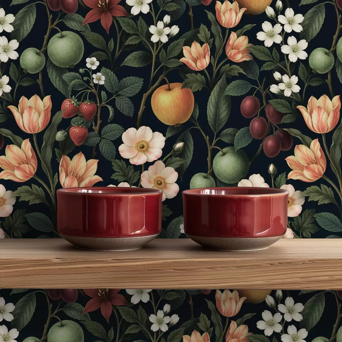 Papel pintado Jardín oscuro con flores, manzanas maduras y bayas. a01034