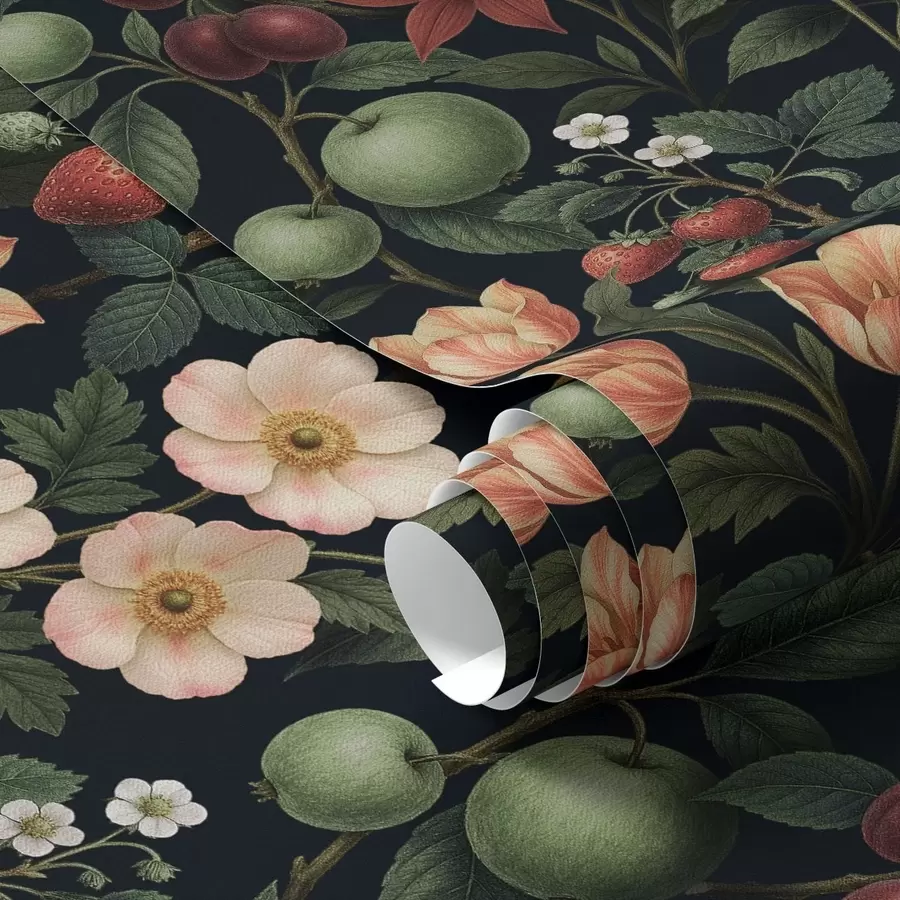 murales de pared Jardín oscuro con flores, manzanas maduras y bayas a01034