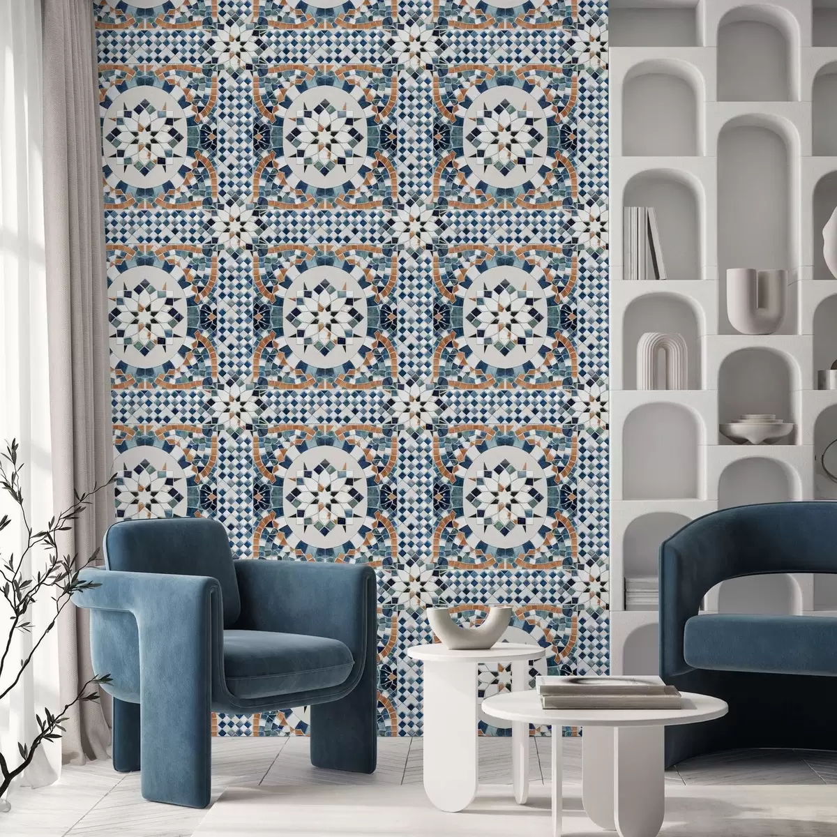 Papel pintado Mosaico marroquí brillante en tonos azul turquesa. a01043