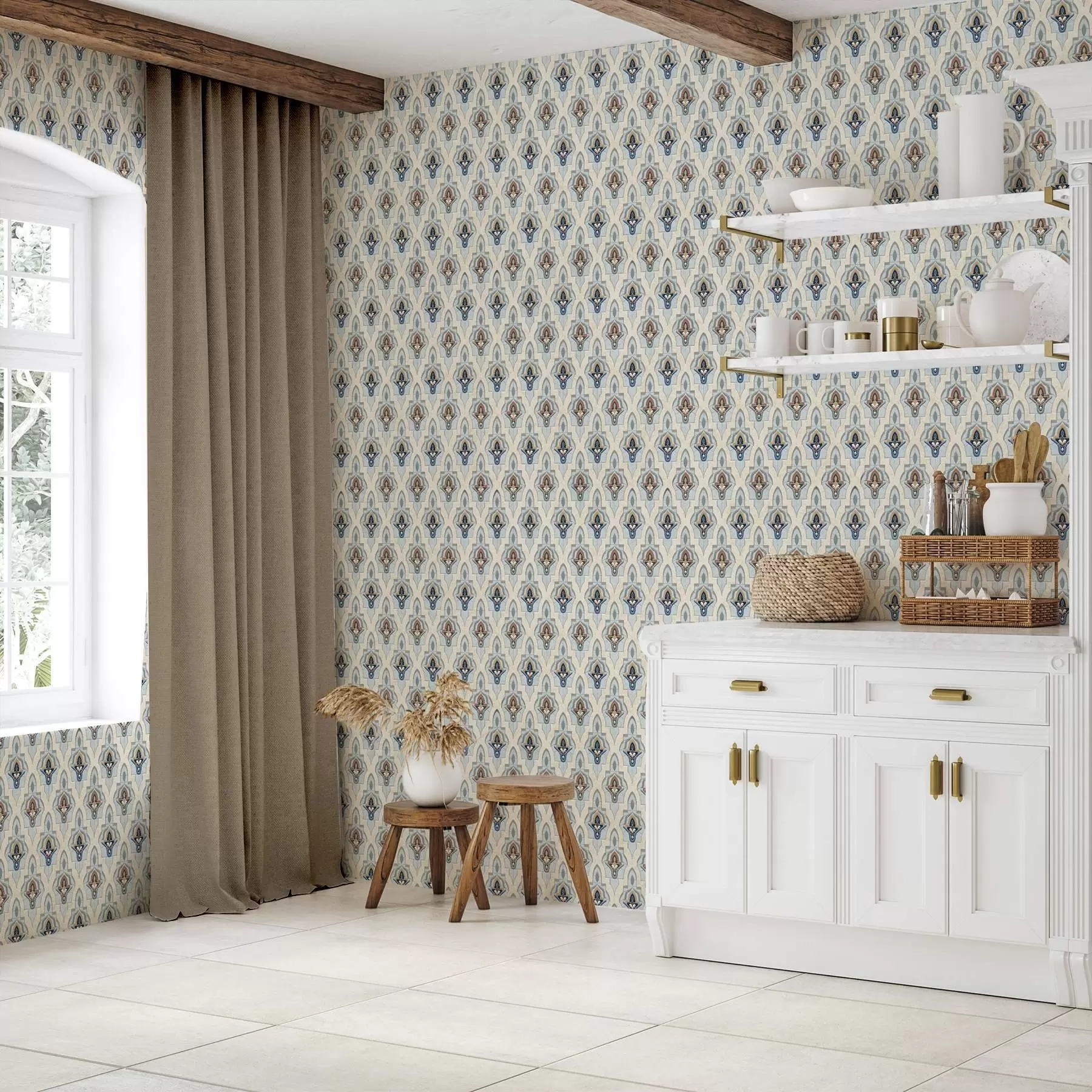 murales de pared Patrón oriental de azulejos pequeños en una paleta de colores azul y arena a01044