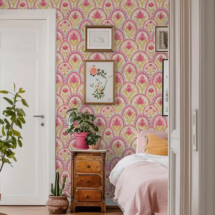 murales de pared Arcos con flores rosas en un diseño de estilo folclórico. a01080