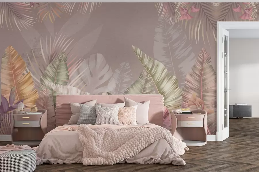 murales de pared Hojas tropicales en suaves tonos pastel w01684