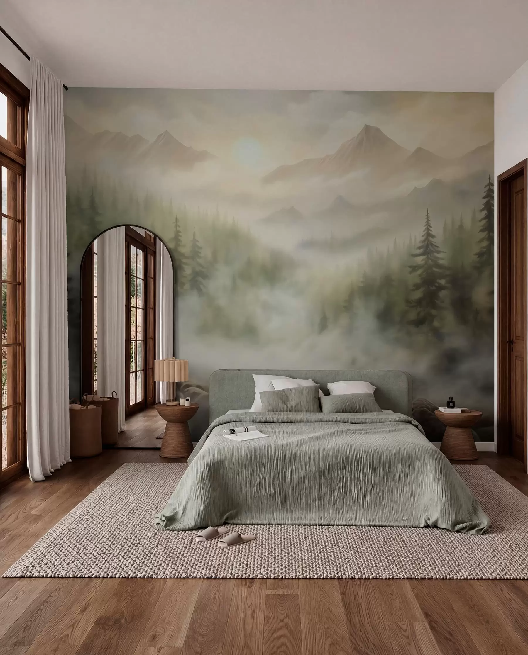murales de pared Bosque en la niebla con las montañas como telón de fondo w04730