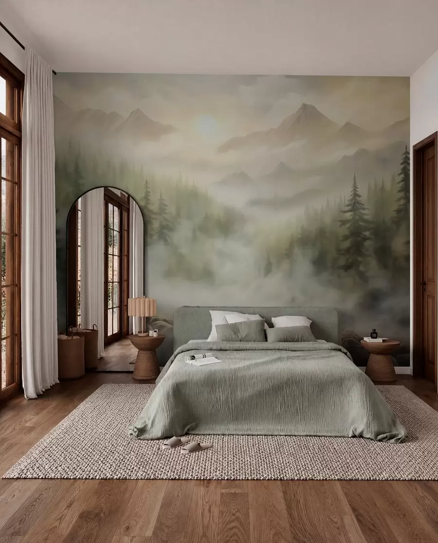 murales de pared Bosque en la niebla con las montañas como telón de fondo w04730