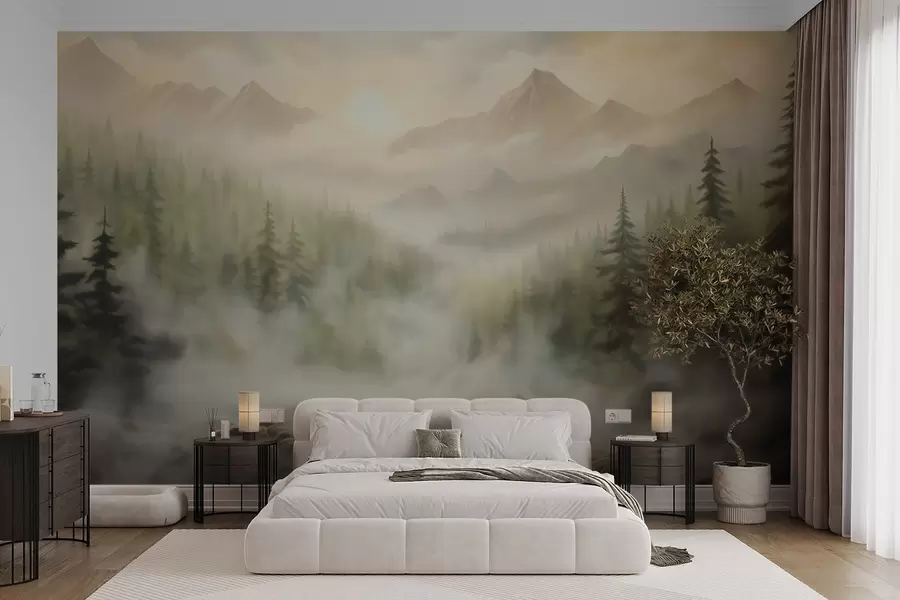 murales de pared Bosque en la niebla con las montañas como telón de fondo w04730