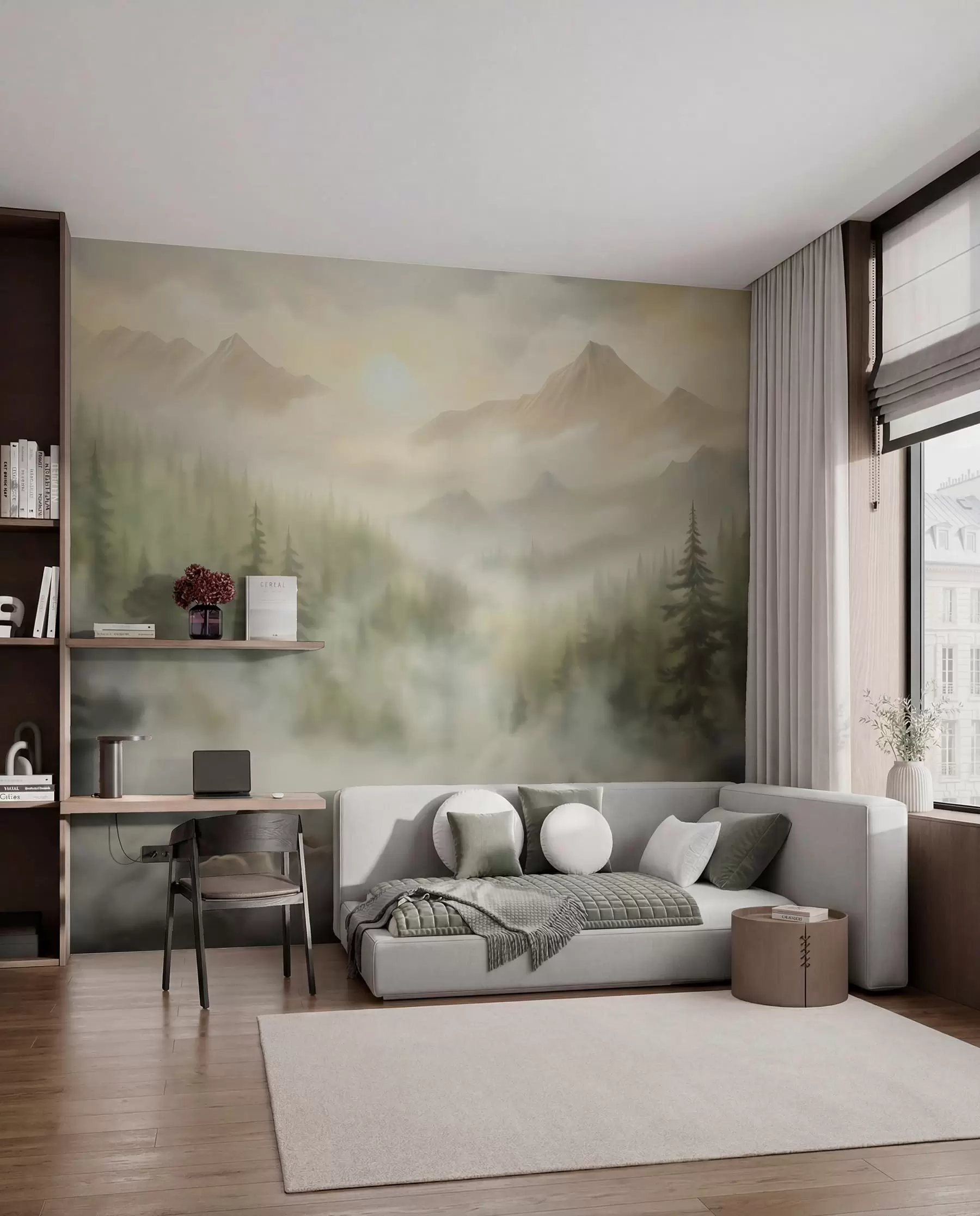 murales de pared Bosque en la niebla con las montañas como telón de fondo w04730