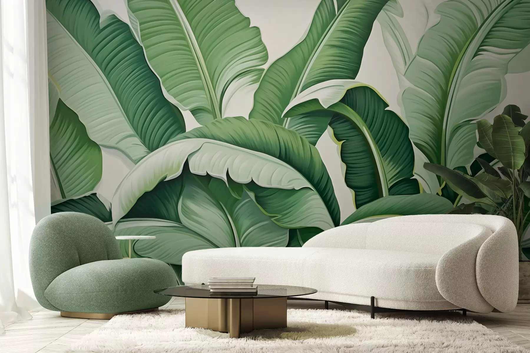 murales de pared Hojas de plátano tropicales verdes con efecto 3D. w09559