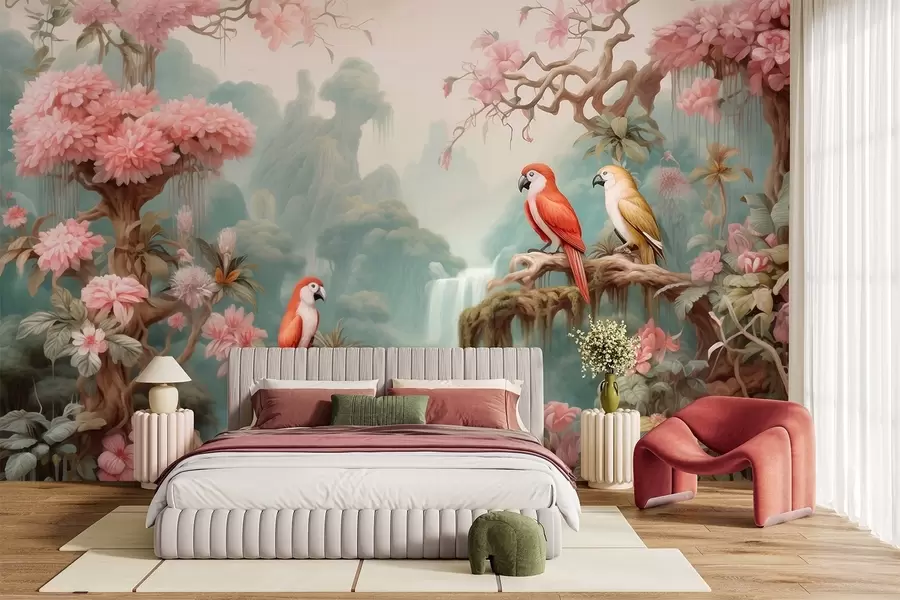 murales de pared Un bosque tropical de cuento de hadas con loros, árboles en flor con flores rosas y una cascada. w09580