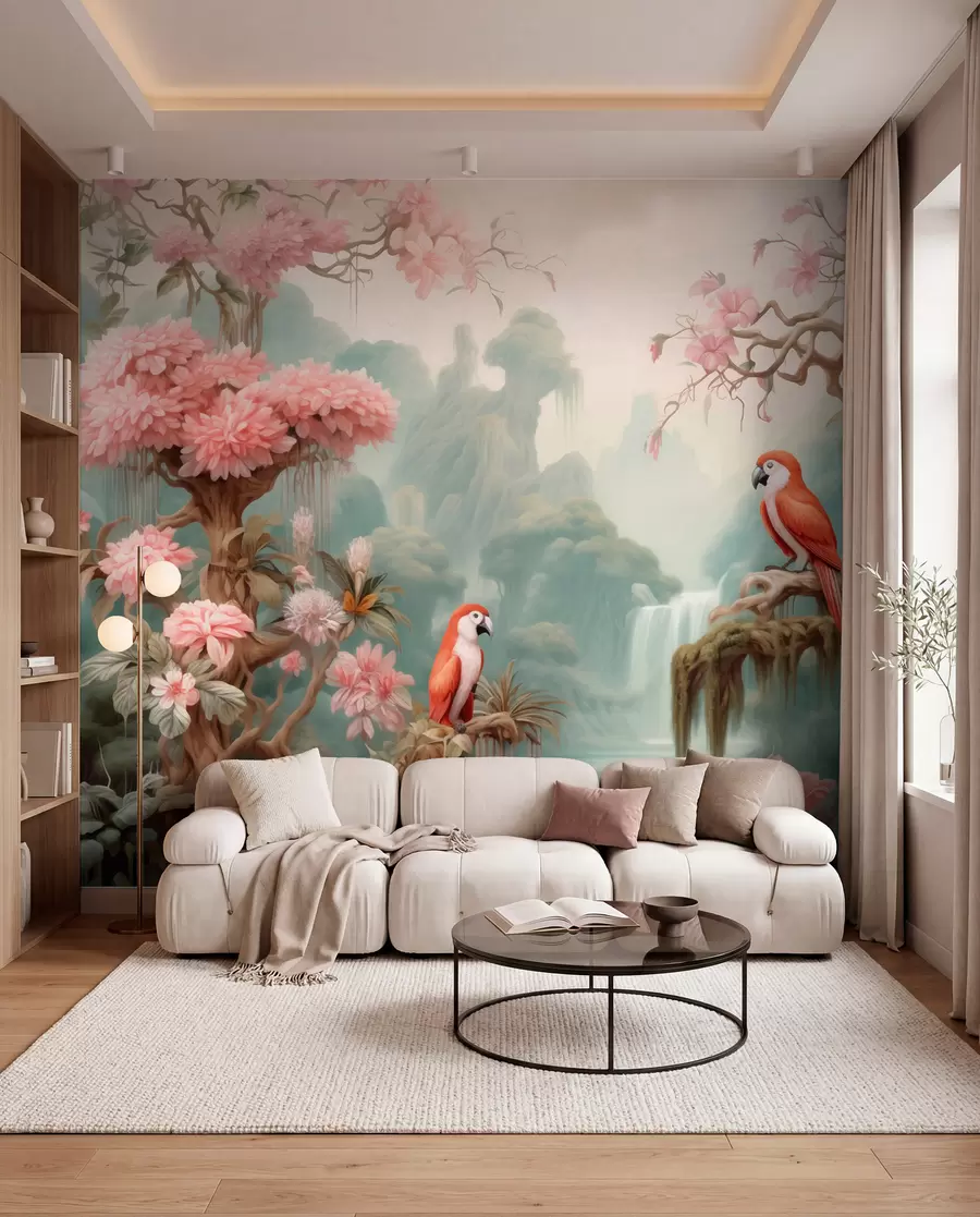 murales de pared Un bosque tropical de cuento de hadas con loros, árboles en flor con flores rosas y una cascada. w09580