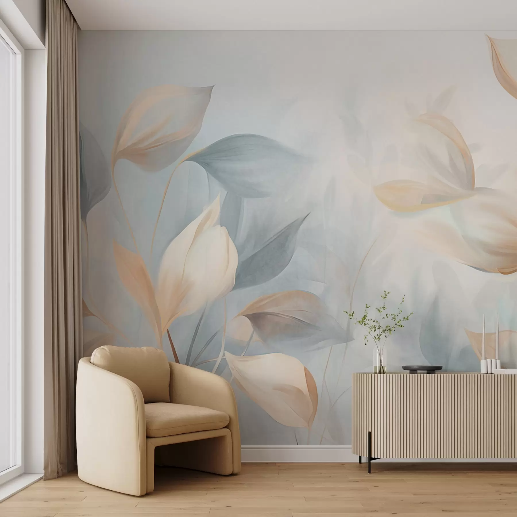 murales de pared Hojas suaves, delicadas y translúcidas en tonos apagados de beige, melocotón y azul pálido, arte texturizado en tonos pastel. w09607