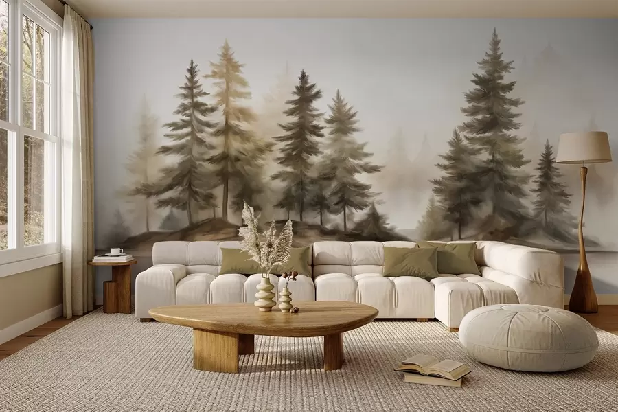 murales de pared Un bosque brumoso con textura y altos pinos pintados de imitación. w09610