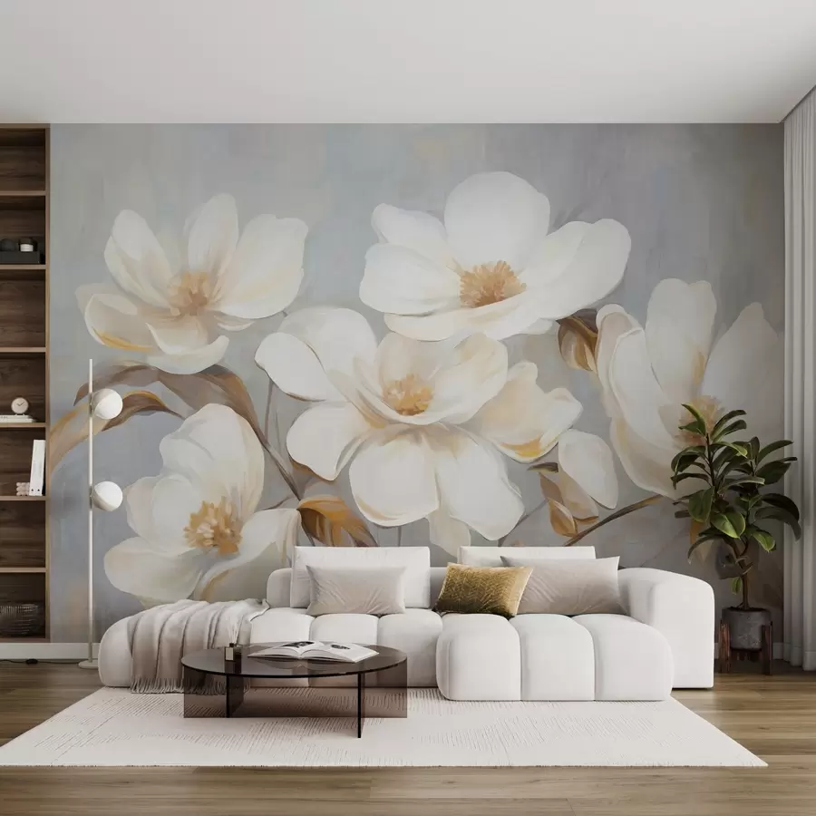 murales de pared Una pintura texturizada que imita varias flores blancas de magnolia sobre un fondo pastel apagado. w09612