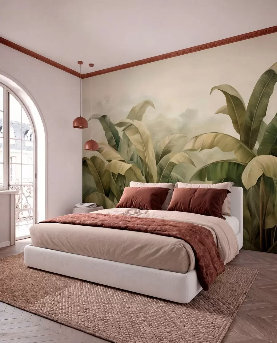 murales de pared Paisaje selvático denso y texturizado con grandes hojas de plátano en tonos verdes y beige apagados. w09613