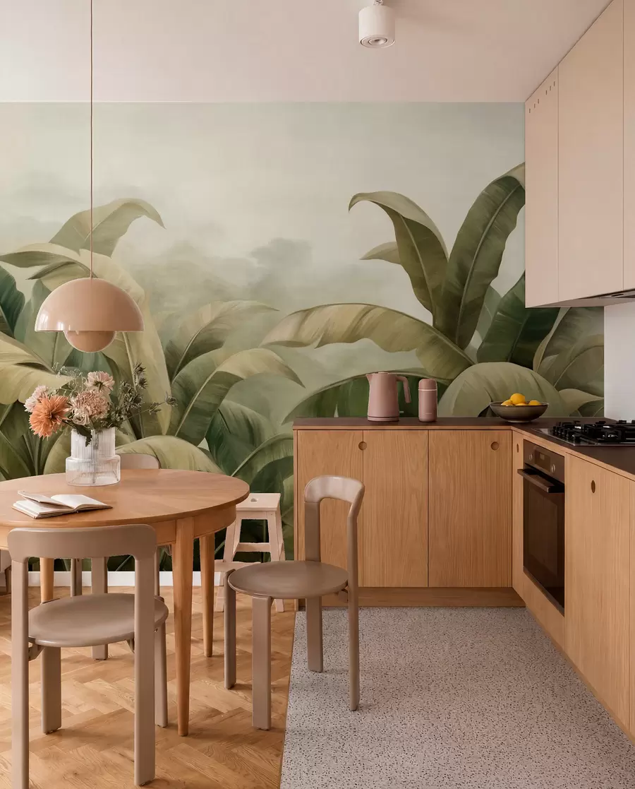 murales de pared Paisaje selvático denso y texturizado con grandes hojas de plátano en tonos verdes y beige apagados. w09613