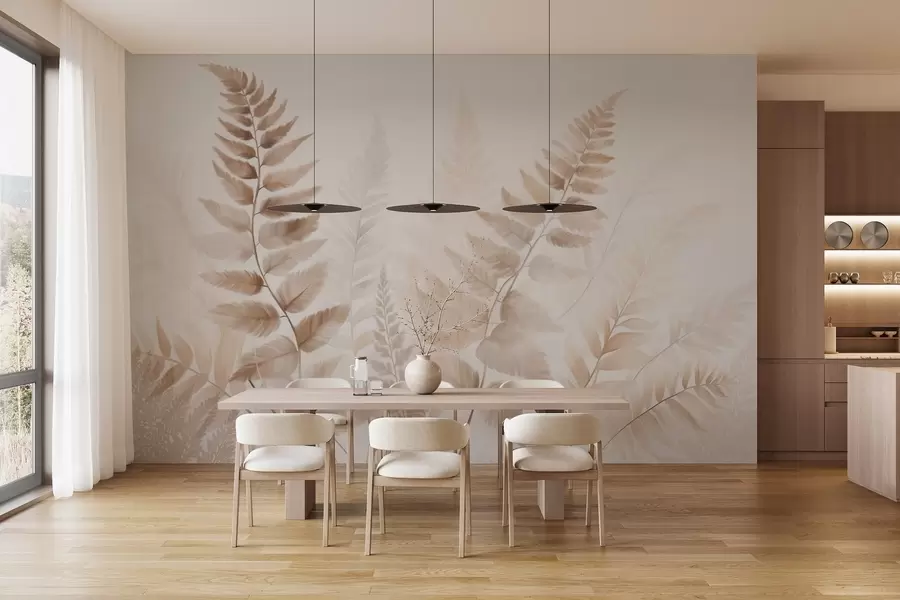 murales de pared Hojas secas de helecho con textura en varios tonos de marrón, con un fondo suave y claro en estilo acuarela. w09615