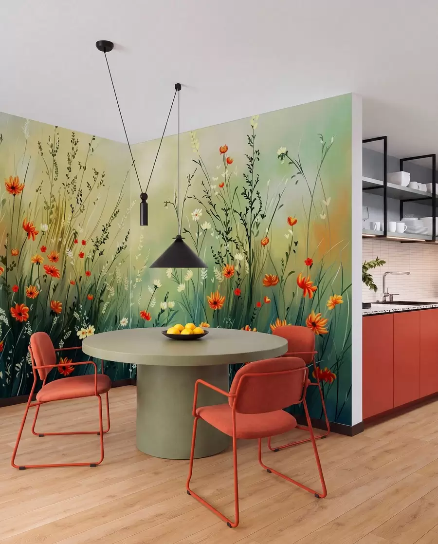 murales de pared Flores y hierbas del prado en un estilo pictórico suave. w05015