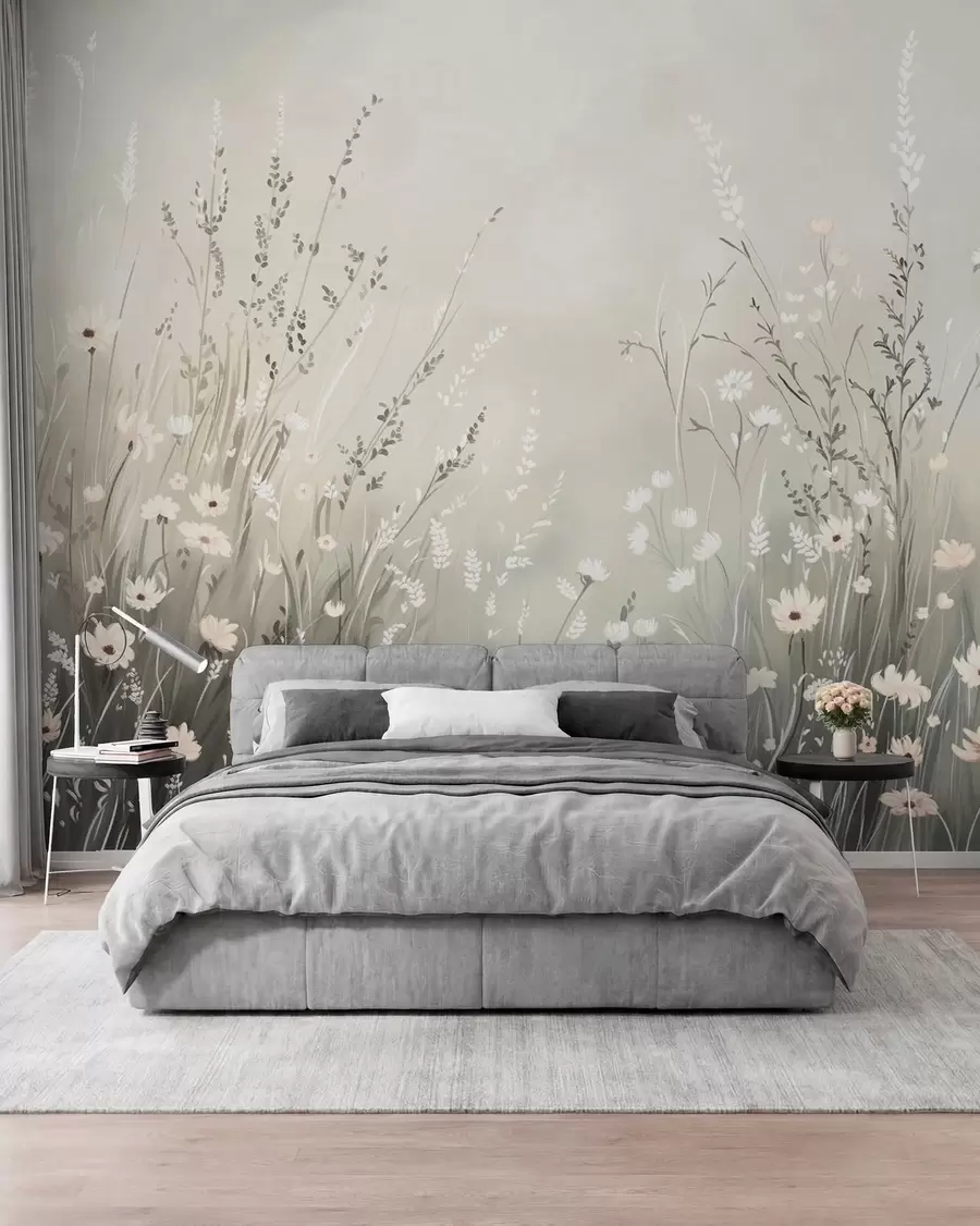 murales de pared Suave escena de pradera con flores blancas y delicadas hierbas. w05015v1