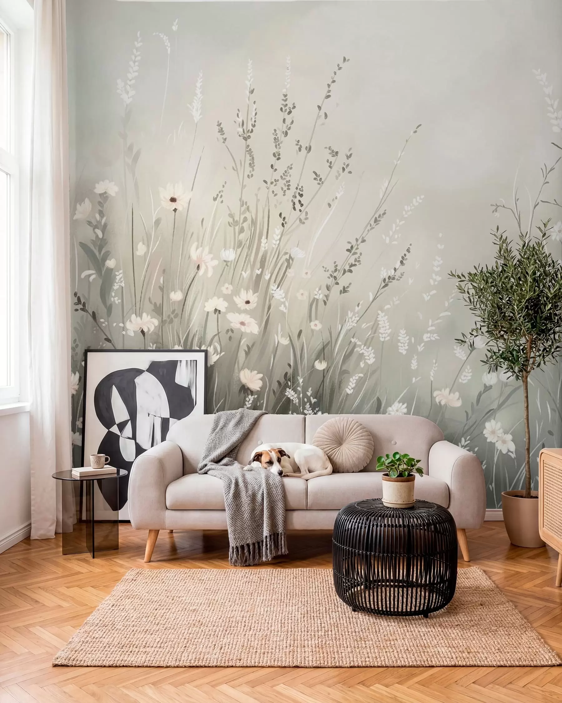 murales de pared Suave escena de pradera con flores blancas y delicadas hierbas. w05015v1