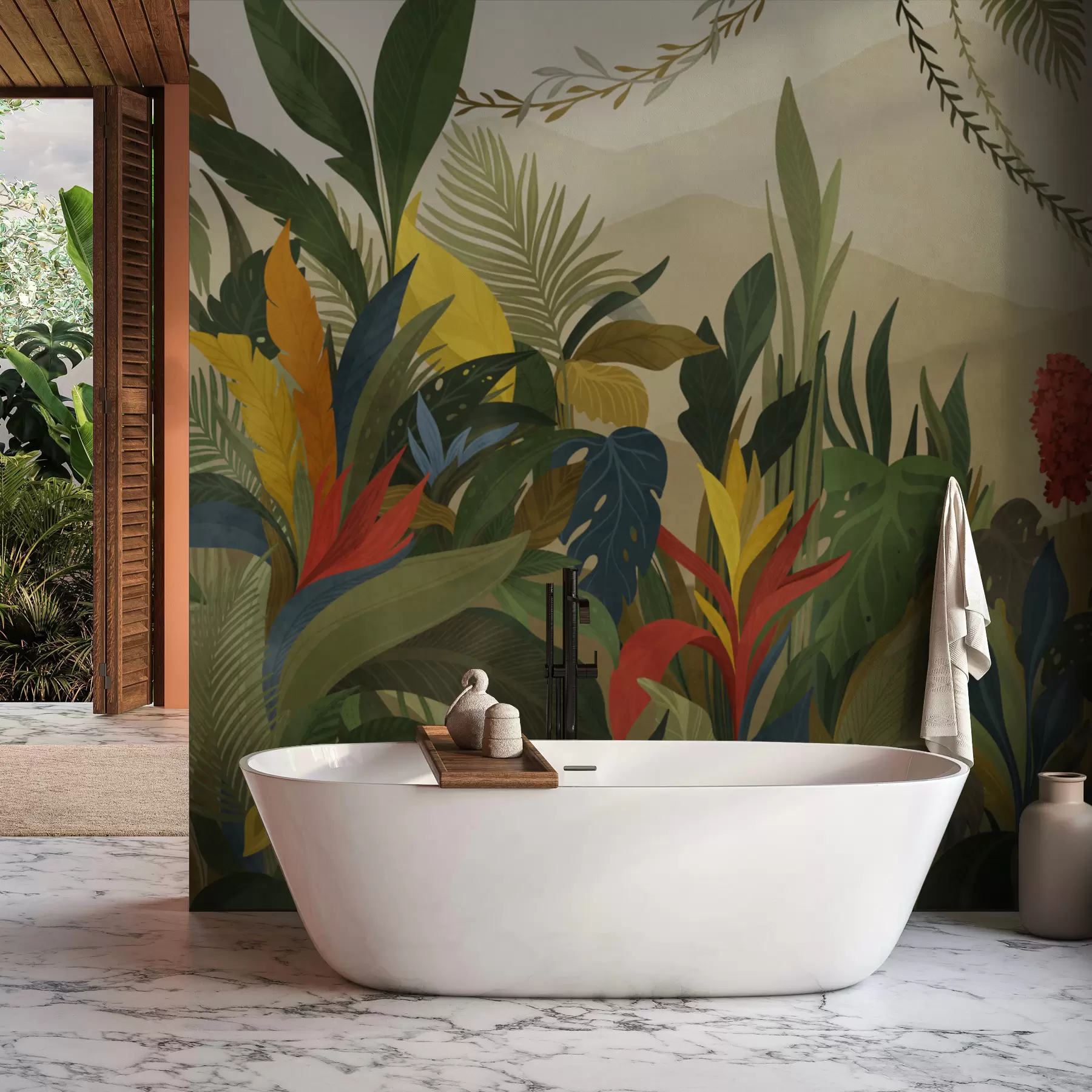 murales de pared Follaje tropical con hojas grandes y flores. w05019