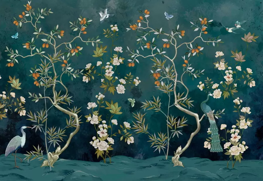 murales de pared Escena decorativa con árboles, flores y pájaros sobre fondo oscuro. w05004
