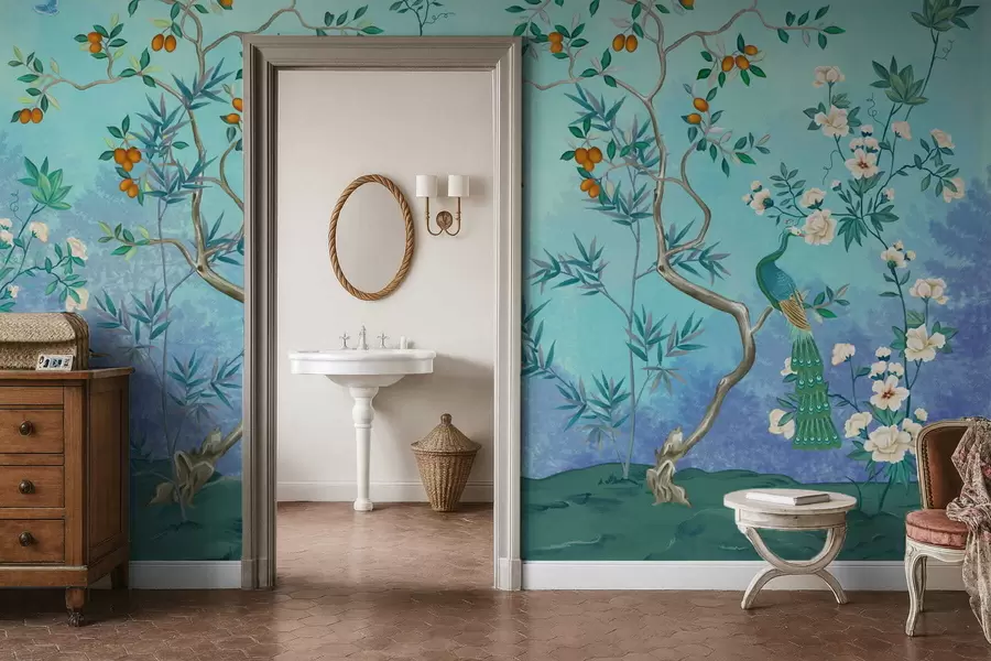 murales de pared Escena con árboles, flores y pájaros, fondo azul w05004v2