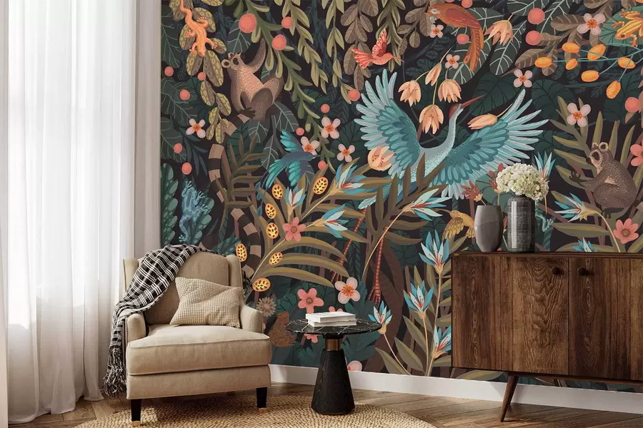 murales de pared Escena fantástica con pájaros y animales entre plantas w05024