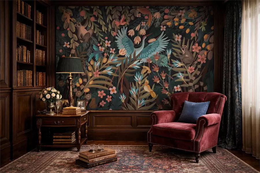 murales de pared Escena fantástica con pájaros y animales entre plantas w05024