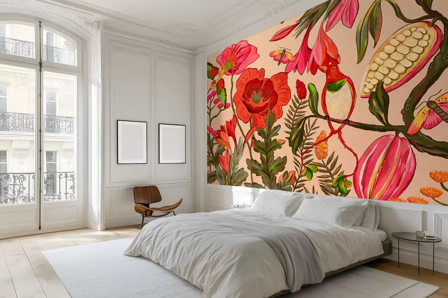 murales de pared Flores y pájaros decorativos sobre fondo beige w05036