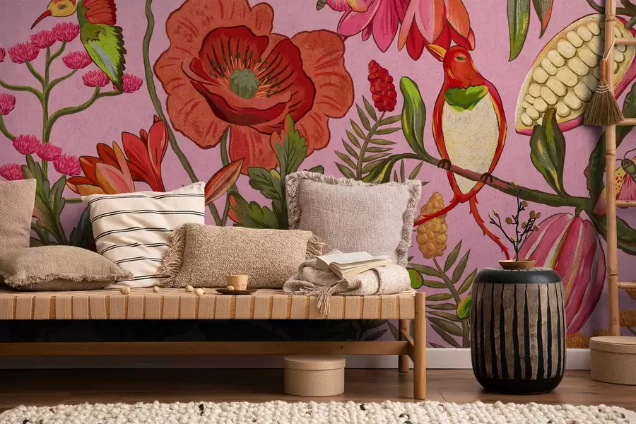 murales de pared Flores y pájaros decorativos sobre fondo rosa w05036v2