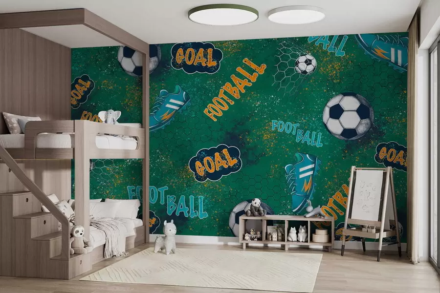murales de pared Patrón de fútbol infantil en tonos verdes w05037v1