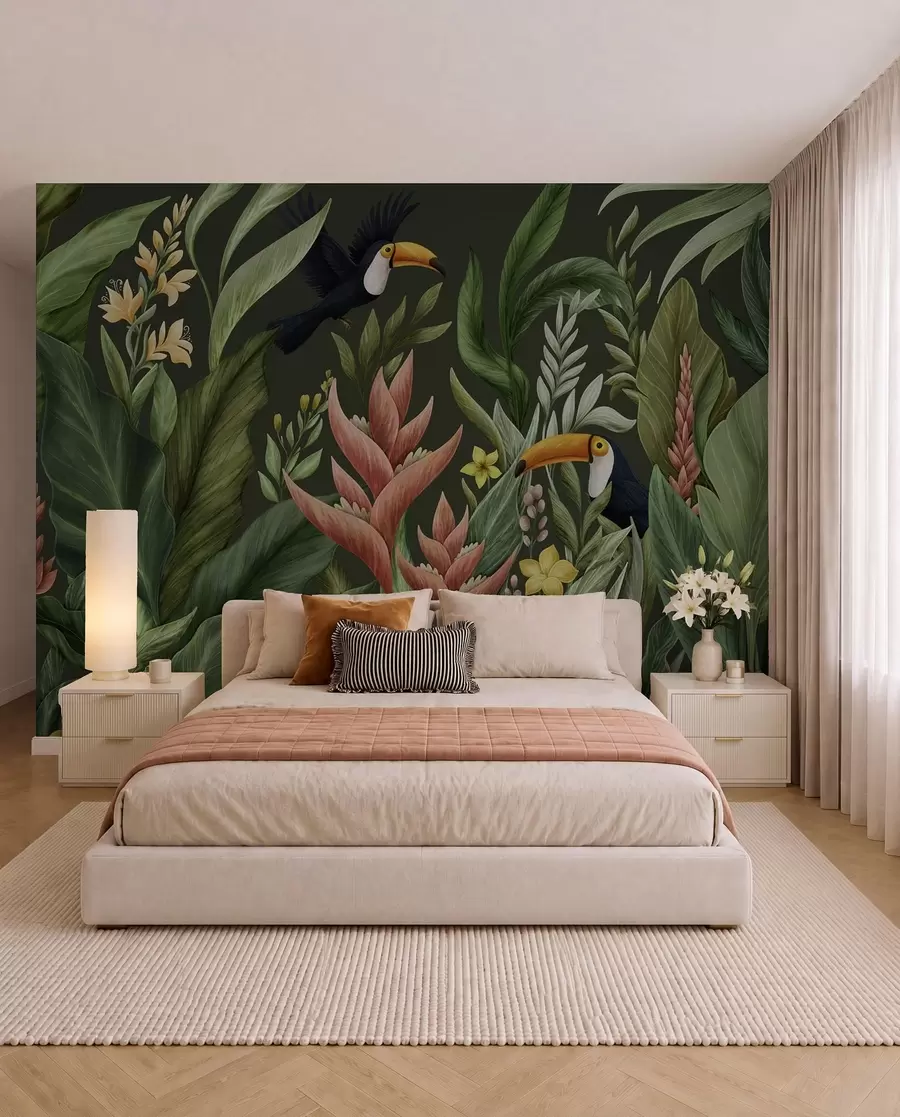 murales de pared Follaje tropical y aves de pico grande sobre fondo oscuro w05088