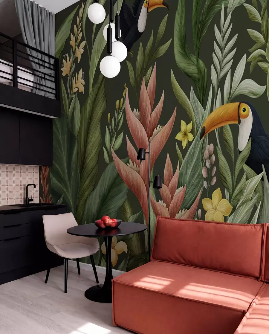 murales de pared Follaje tropical y aves de pico grande sobre fondo oscuro w05088