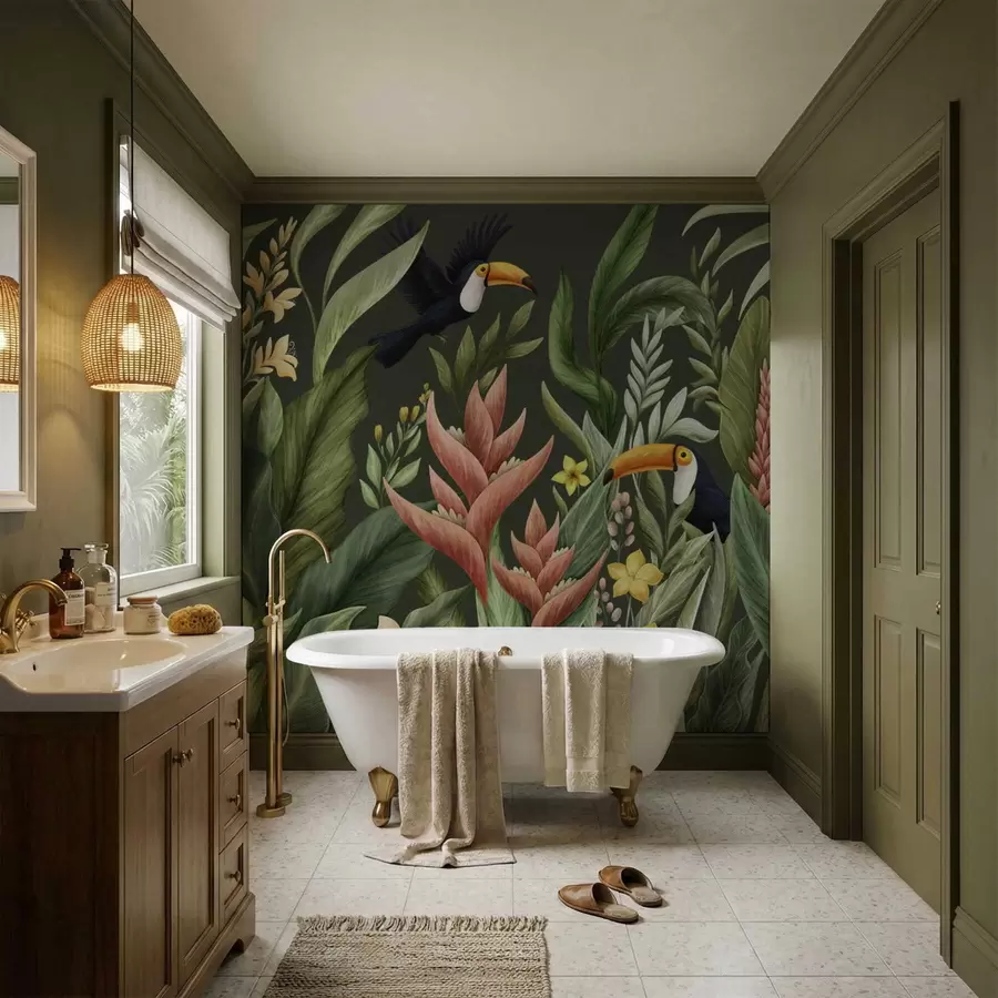 murales de pared Plantas tropicales y aves de pico grande sobre fondo claro w05088